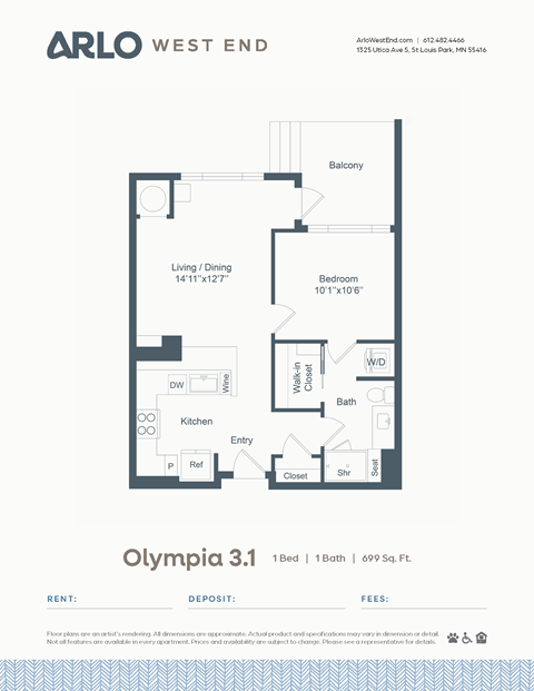 Floor plan for 1 bed, 1 bath, 699 sqft